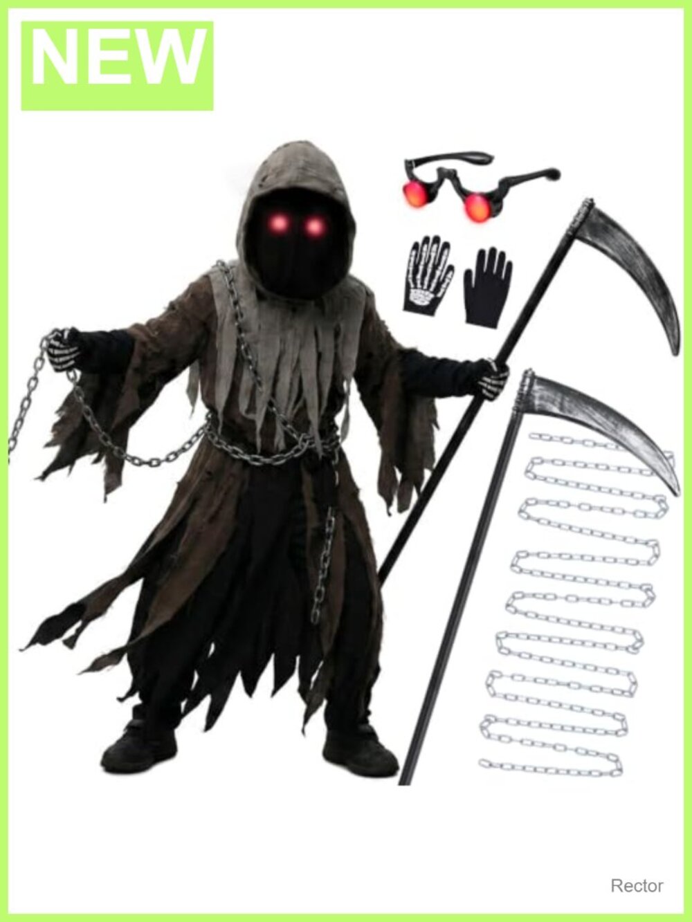 Kids Grim Reaper Costume Glowing Eyes Hooded Light-Up Halloween Set